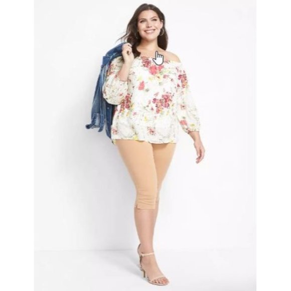 Lane Bryant | Womens 22/24 Off Shoulder White Floral Print 3/4 Sleeve Metallic - Picture 2 of 13